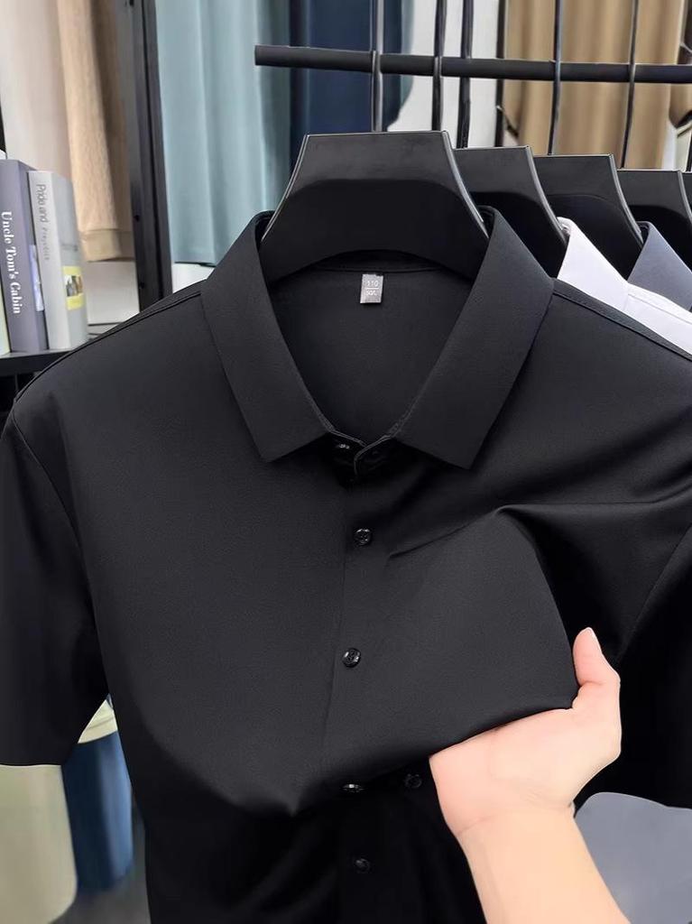 Pánská letní bezešvá košile s krátkým rukávem z ledového hedvábí - Prodyšná, jednobarevná, Business Casual, s krátkým rukávem.