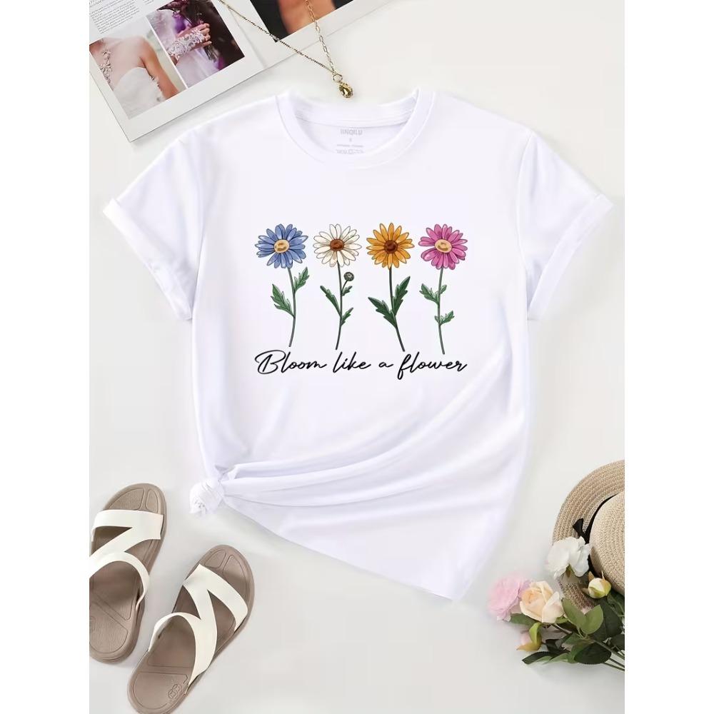 Cute Flower & Letter Print Casual T-shirt Durable Plus-size Casual T-shirt Daily Commute Travel Fashion Streetwear