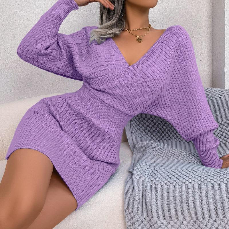 Solid Color Sexy Cross V Neck Batwing Long Sleeve High Waist Bodycon Pencil Mini Dress For Women
