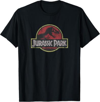 Camiseta Clássica Retrô Jurassic Park Logo Vermelho Desgastado