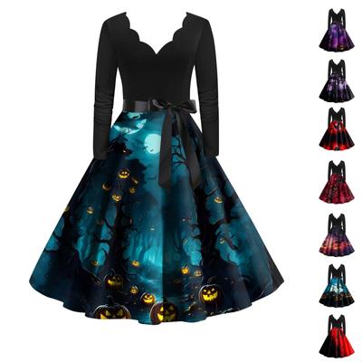 Women's Vintage Classic Dress Neck Waist Bow Tie Long Sleeves Halloween Print V Neck Swing Dress