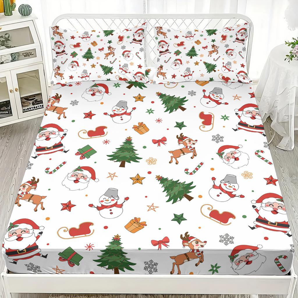 Christmas Theme Fitted Sheet Santa Claus Elk Christmas Tree Print Coreless Fitted Sheet Set Soft Bedspread Bedroom Bedding Decor