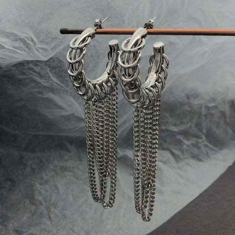 Punk Silver Color Pearl Tassel Drop Earrings for Women Exquisite Metal Geometric C-Shaped Dangle Earrings Jewelry Accessories