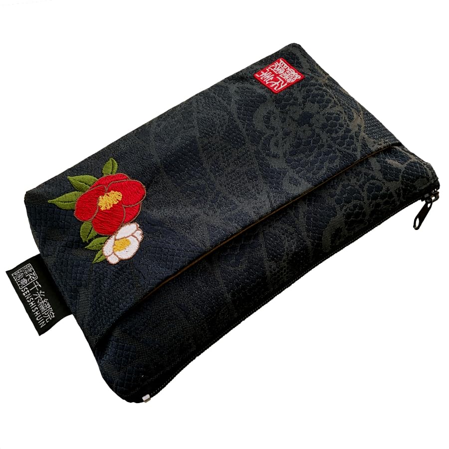 Senshishuin Nishijin Brocade Pouch with Black Lace and Camellia Design (Lined) (Small)