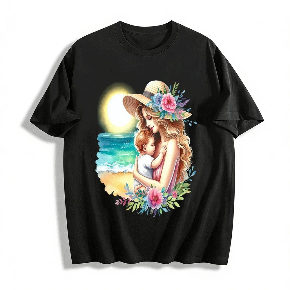 Seaside Mother Baby Hug Print Tender Love Vacation Style Casual Top Pure cotton T-shirt XXS