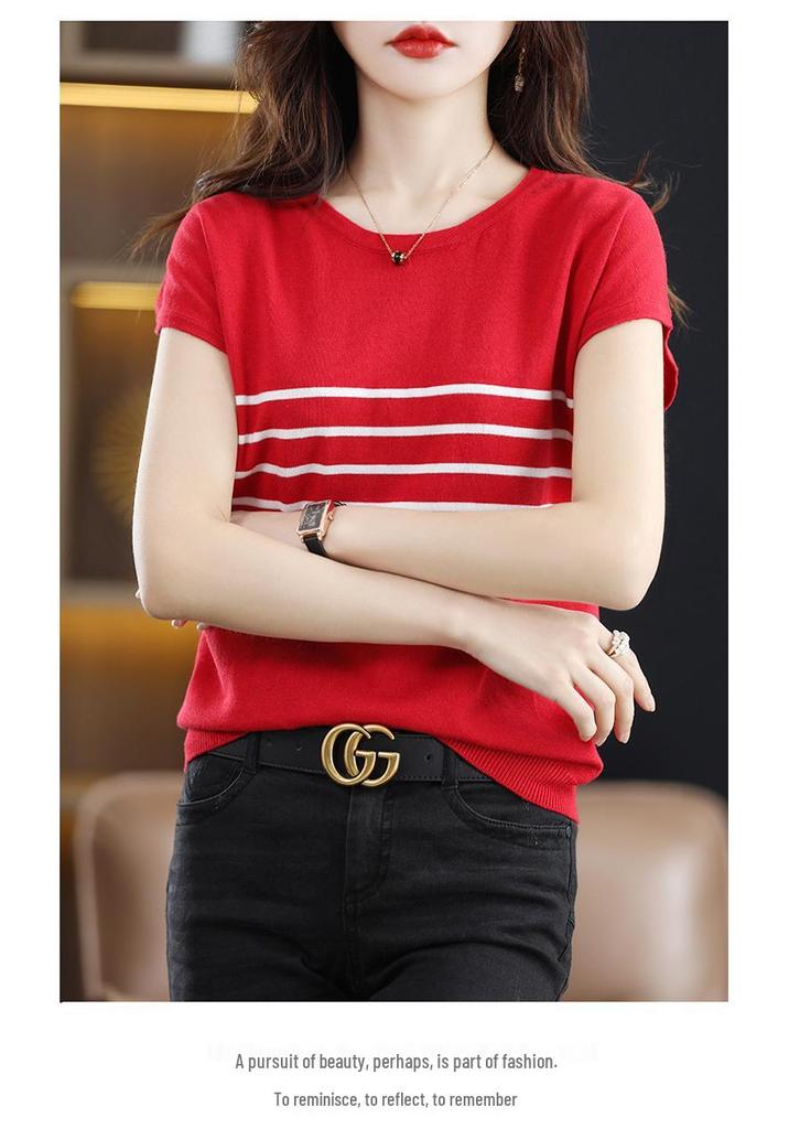 Women's Spring 2024 Cotton Striped Knitwear T-Shirt - Short Sleeve, Round Neck