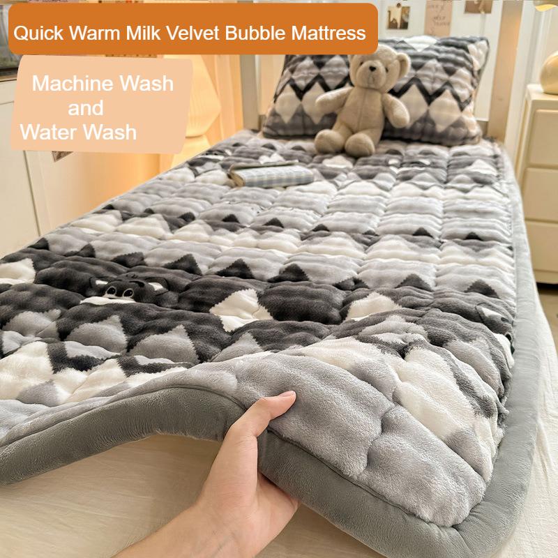 1pc Soft Milk Velvet Bubble Fleece Mattress Designed for Winte Ideal for Students&Seasonal Use Warm Plush Quilted Mattress Cover