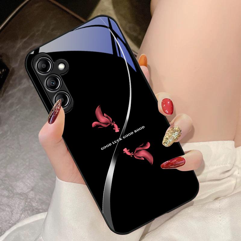 Two koi black for Samsung Galaxy A14 4G 20 30 52 20S 21S 22 A25 32 33 34 42 50 51 53 54 70 71 72 73 5G Glass Phone Case