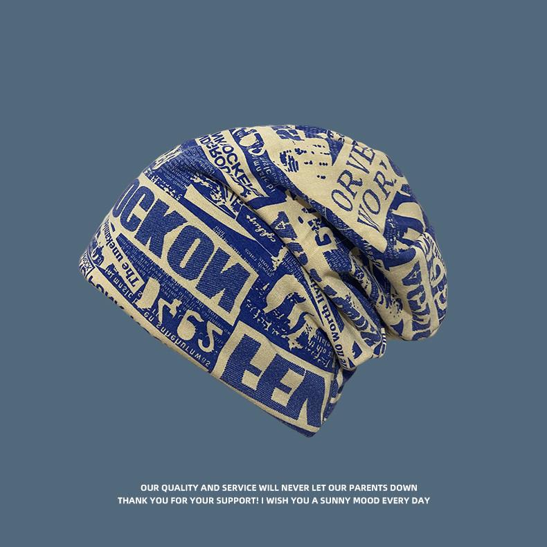 

American street hip-hop beanie hat for women, trendy and unique retro printed slouchy hat, lazy European and American cold weather hat Head Circumference56-59 сапфир синий