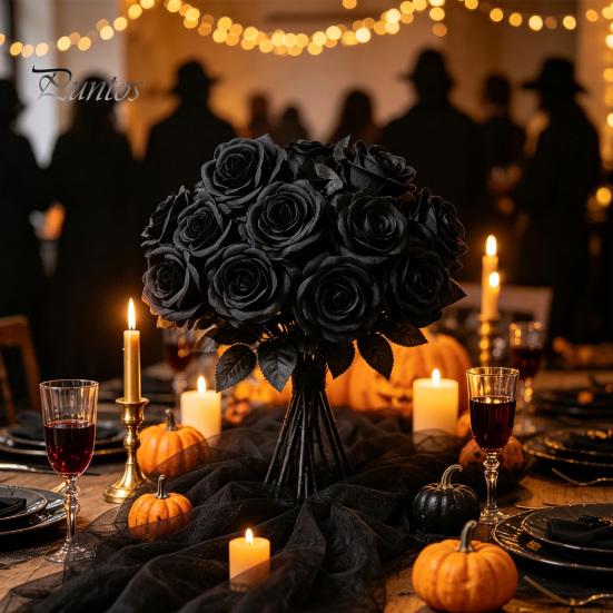 Decorative Black Rose Stems Realistic Silk Roses with Long for Wedding Centerpieces, Halloween Home Decor, Artificial Faux Floral Arrangements
