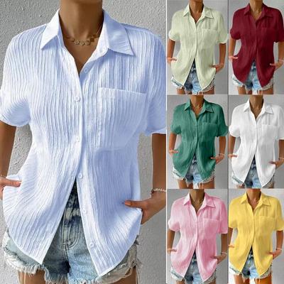 Camicia casual estiva da donna, tinta unita, con risvolto, bottoni, manica corta, tunica, camicia da lavoro casual da lavoro, top da ufficio, femminilità
