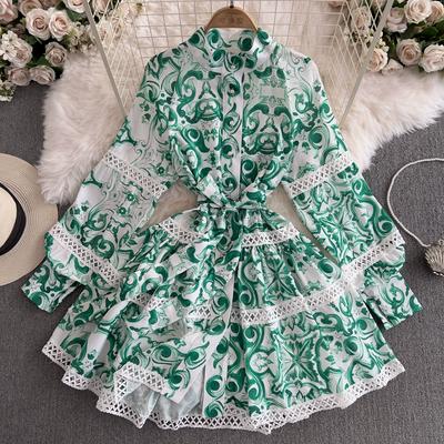 Frühling Herbst Frauen Laterne Ärmel Druck Spitze Patchwork Chic Boho Kleid Elegante Party Kleider