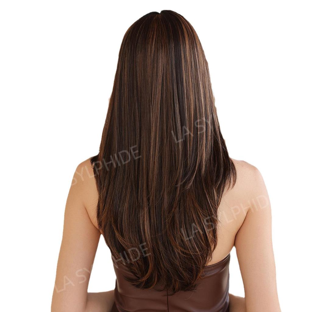 Women's Cross-Border Wigs: Long Straight Hair with Bangs, High-Temp Synthetic, Full Coverage, Available in Black, Red-Brown, Orange, and Pink.