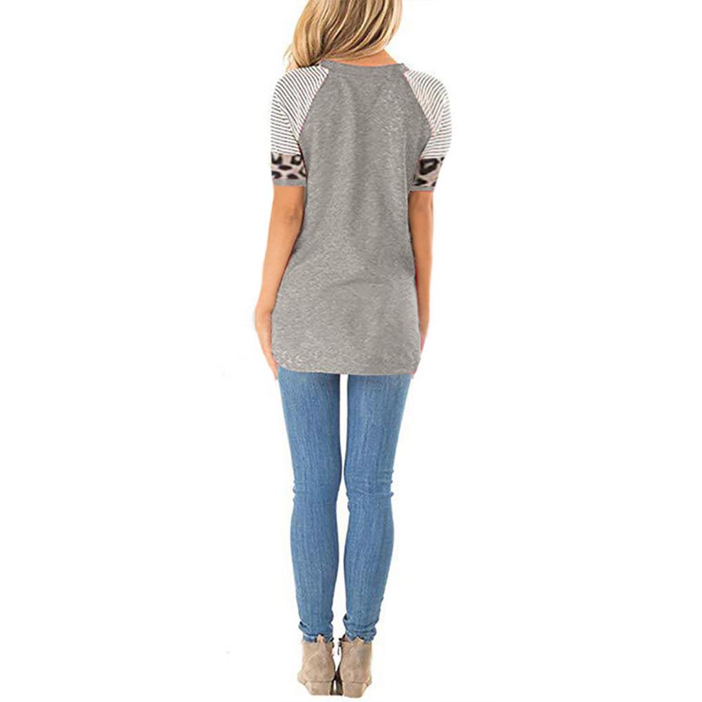 Chemise à col rond et manches courtes imprimé rayures léopard pour femme