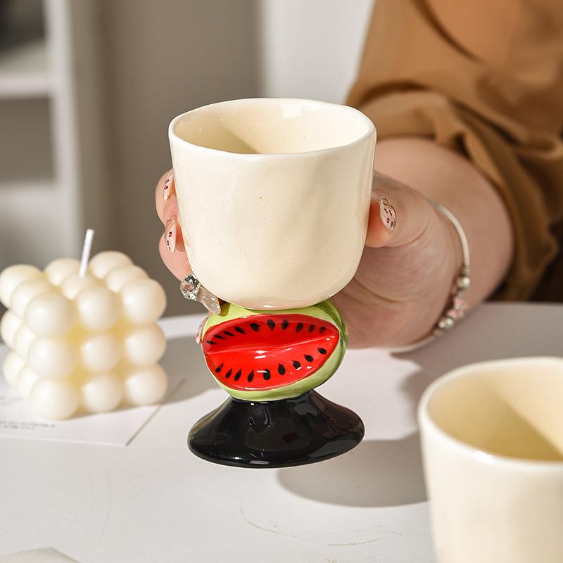 Pocal Japonez Pictat Manual în Formă de Fruct, Cană Ceramică de Ținut în Mână, Ceașcă de Cafea Exquisită, Pahar de Apă cu Pepene Verde, Cupă de Desert cu Căpșuni