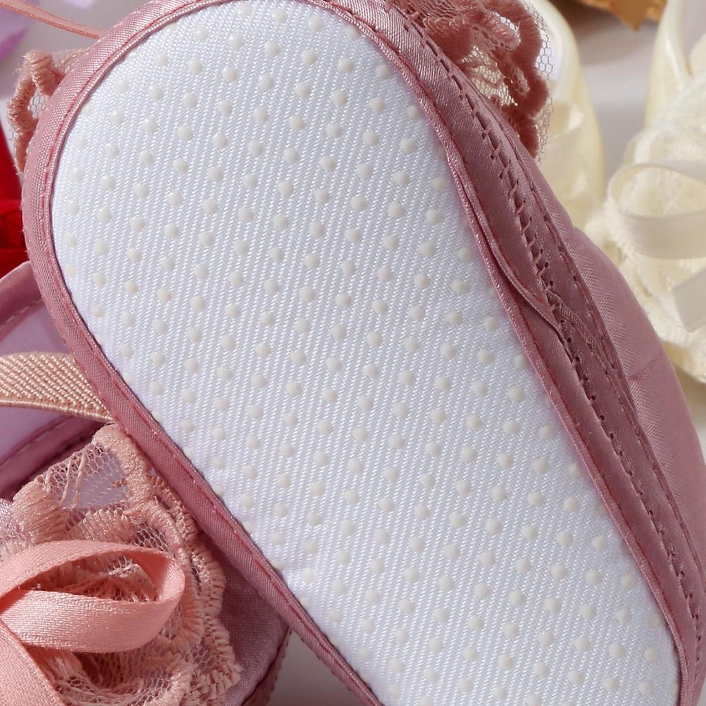 Elegant Lace Pearl Tulle Bow Baby Crib Shoes Matching Stretch Headband Set, Non-Slip Flexible Sole Toddler First Walkers Princess Outfit Accessory