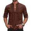 Men's Long Sleeve Shirt - Cotton Linen, Vintage , Button Stand Collar
