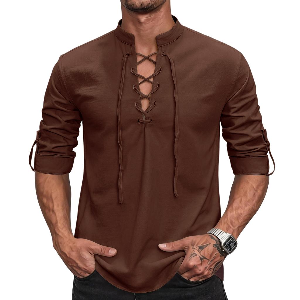 Men's Long Sleeve Shirt - Cotton Linen, Vintage , Button Stand Collar