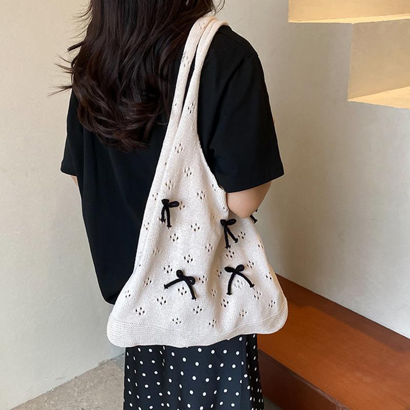 Solid Color Large Capacity Shoulder Bucket Bag Fashionable Knitted Work Commuter Bag Daily Shopper Tote For Women