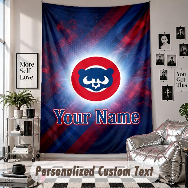 Wall Hanging Tapestry With Custom Name & Text, Chicago Cubs Decorative Tapestry For Bedroom