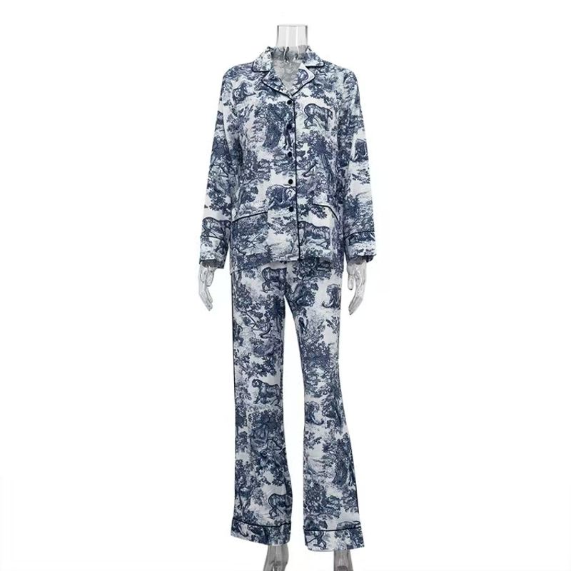 

European and American New Ink Painting Print Lapel Top Trousers Two-piece Set Printed Top and Pants Set Blue S