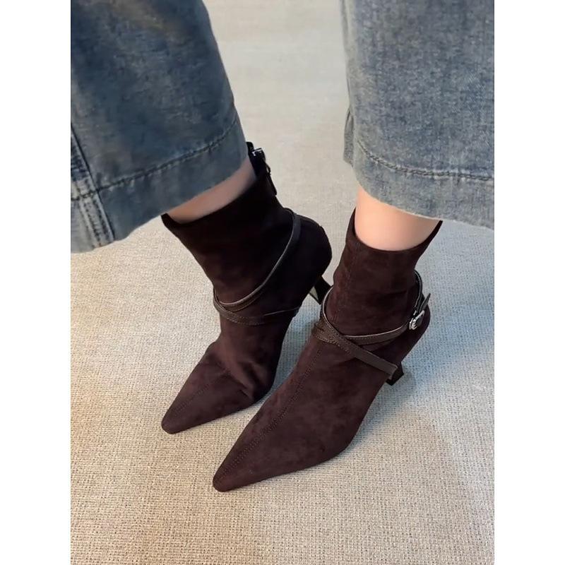 High Heel Rear Zipper Thin Boots Women'S Matte Belt Buckle Pointed Temperament Short Boots Retro Thin Heel Single Boots
