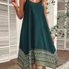 Vestido de verão feminino solto de alça com costura e estampa, bainha irregular