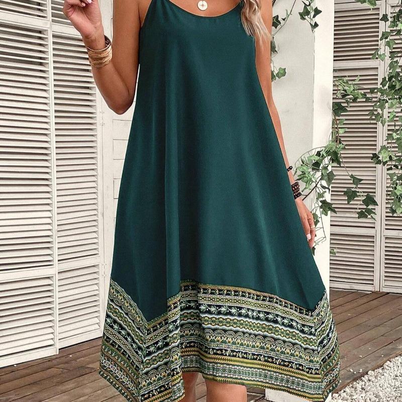 Vestido de verão feminino solto de alça com costura e estampa, bainha irregular