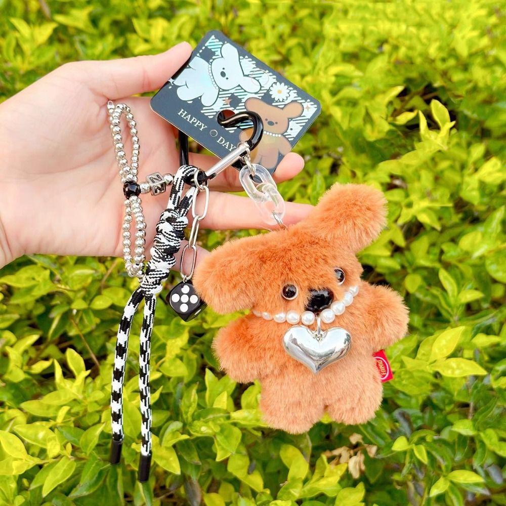 Pearl Heart Necklace Plush Dog Doll Keychains PP Cotton Dog Plush Doll Pendant  Hanging Ornaments