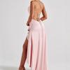 Abito Maxi da Donna Senza Maniche con Scollo a Cappuccio Vestibilità Aderente Vita Alta Sexy in Raso con Spacco Alto Abito con Volant