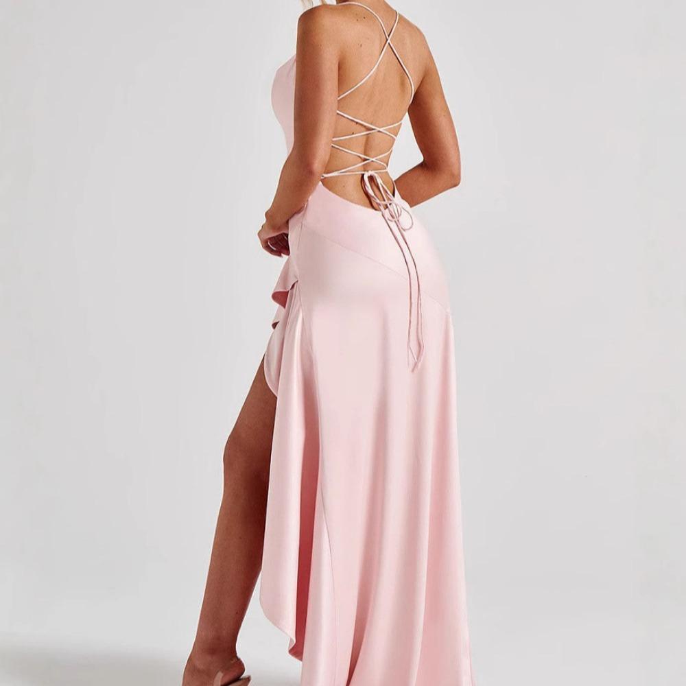 Abito Maxi da Donna Senza Maniche con Scollo a Cappuccio Vestibilità Aderente Vita Alta Sexy in Raso con Spacco Alto Abito con Volant