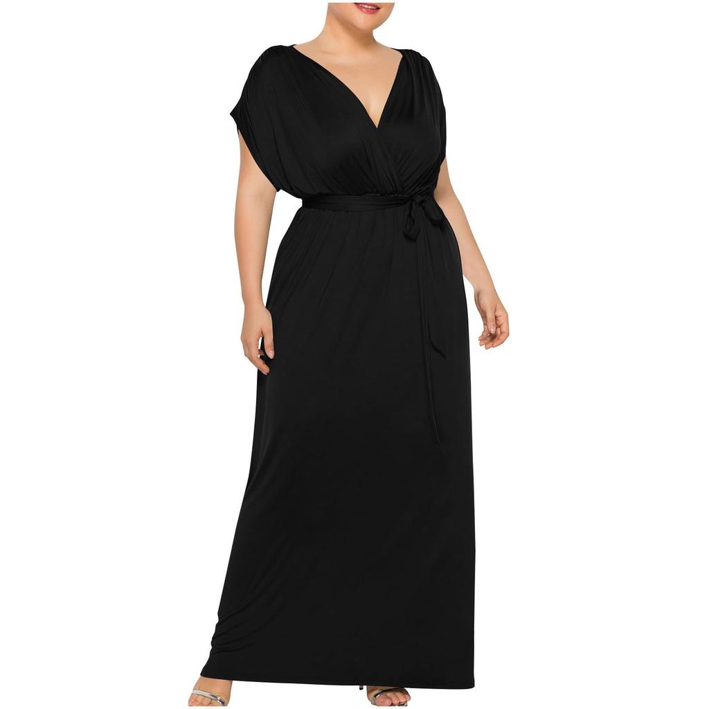 Women's Fashionable And Sexy Plus Size Color V-neck Short Sleeved Loose Hem Dress