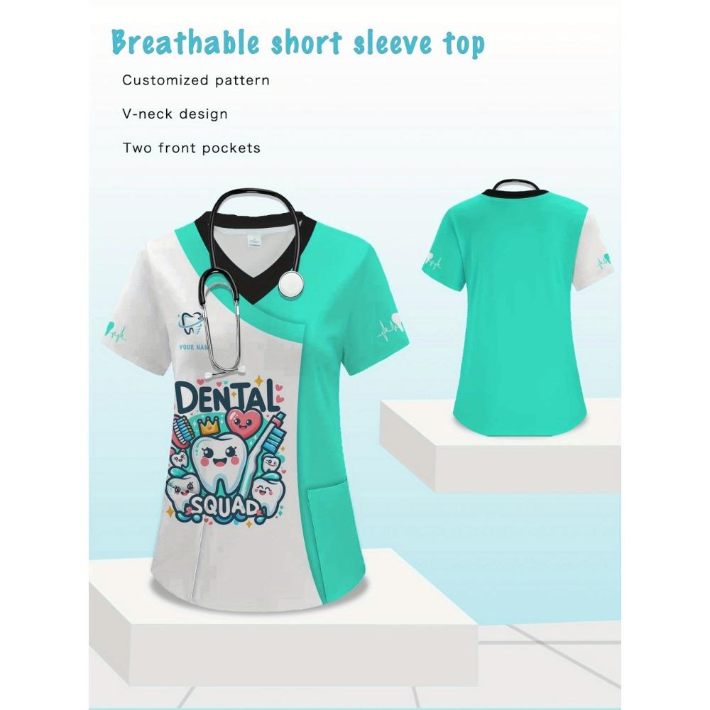 

New Surgical Uniform Woman Dentist Printed Pocket Short-Sleeve V-Neck T-Shirt Summer Comfortable Dental Uniforms Women Clothing 5XL