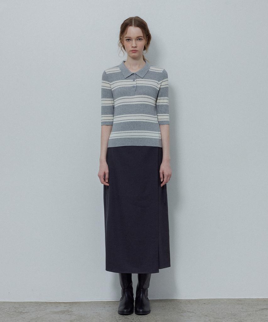 LE STUDIO Striped Collar Button Knit_Gray