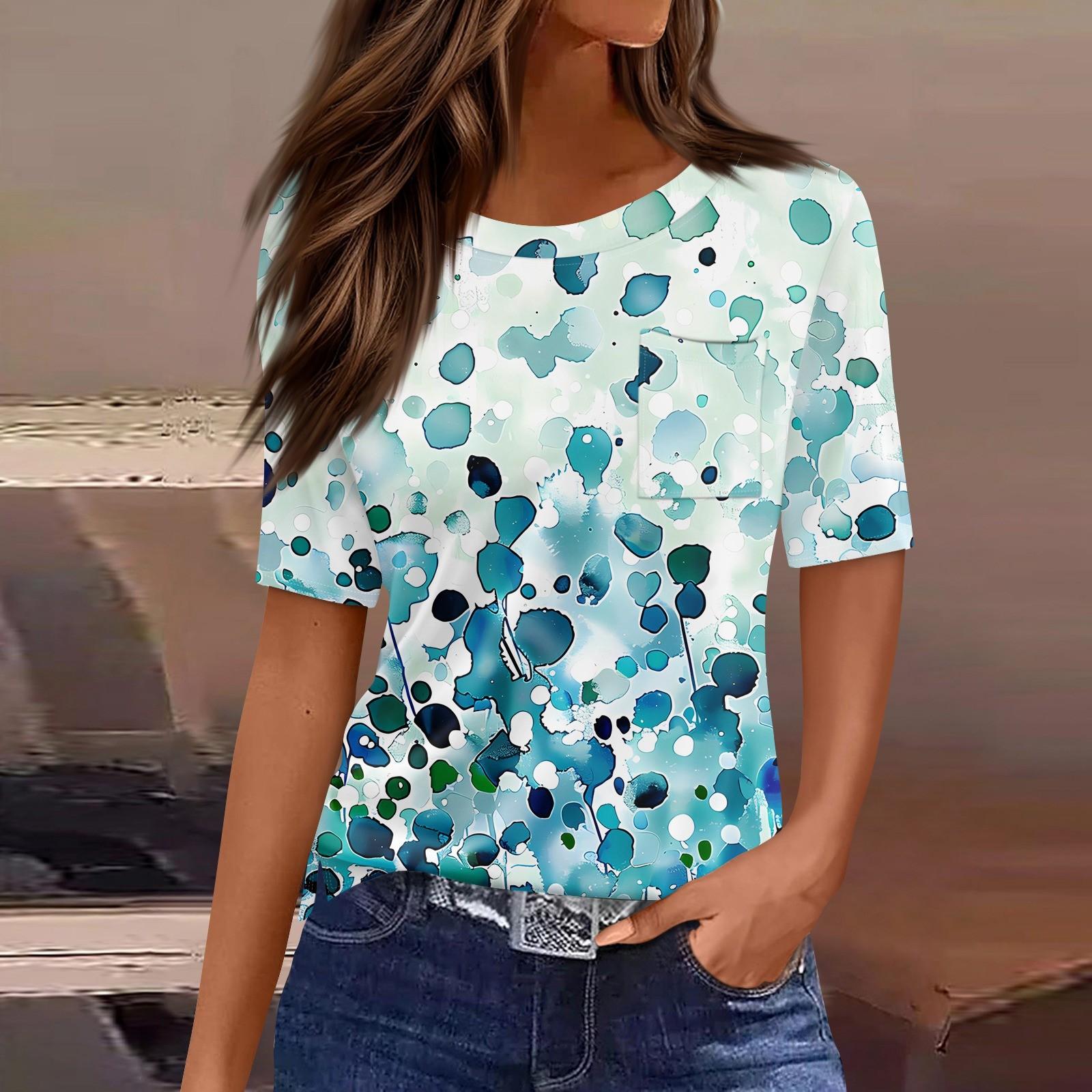 

Футболки для женщин с круглым вырезом, нарядные повседневные блузки с принтом, короткие рукава, летние топы свободного кроя XL циан