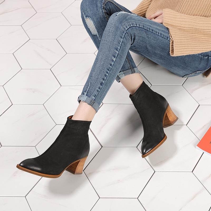 

Осенне-зимняя обувь с острым носком, женские ботильоны, зимние сапоги из натуральной кожи ручной работы на блочном каблуке, женские теплые ботинки