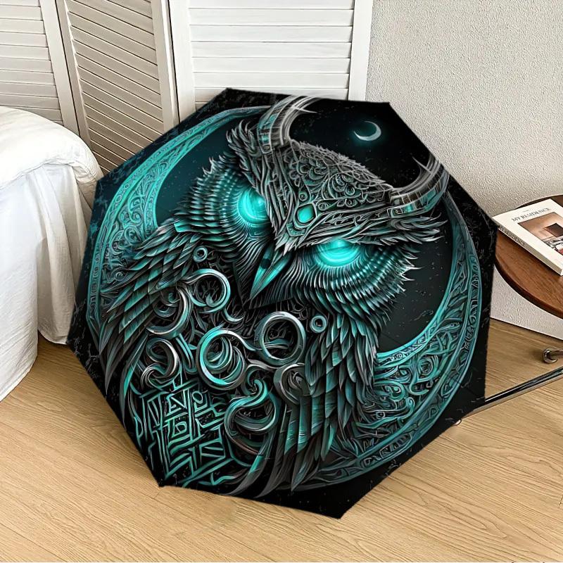 1 Stück Mondlicht Mystischer Eule Automatischer Faltregenschirm - Kompaktes 8-Rippen-Design, Langlebiger Kunststoff & Eisen, Leicht für den Täglichen Gebrauch im Freien, Festliches Geschenk084
