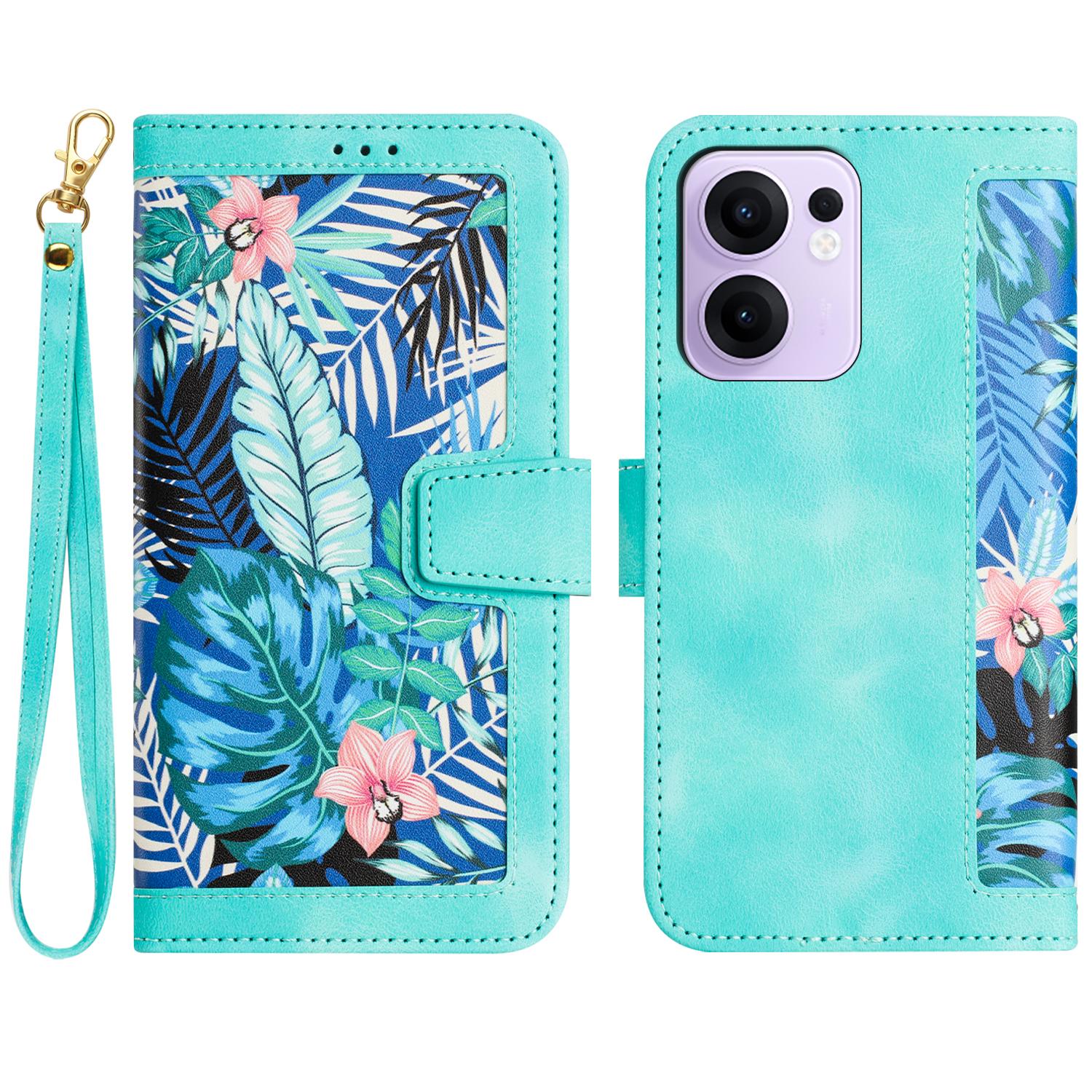 

For Oppo Reno13 F 5G/4G Case PU Leather Floral Phone Cover with Card Slots/Wrist Strap Green