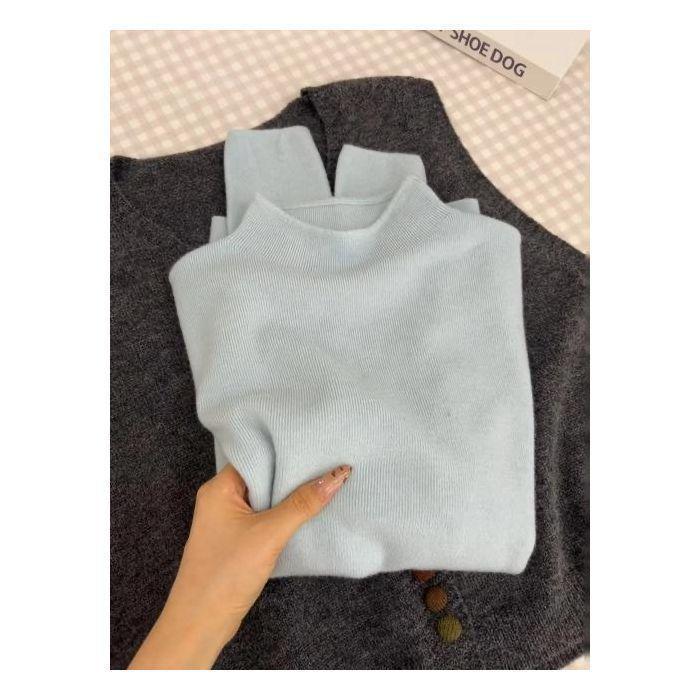 Women's Slim-Fit Semi-High Neck Knit Long-Sleeve Top for Autumn and Winter