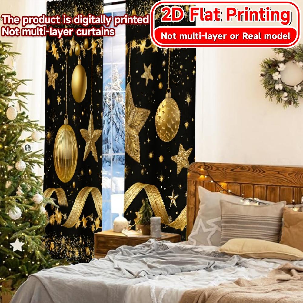 Set Of 2 Flat Printing Golden New Year Chic Curtain Cloth Durable Polyester Curtains Festive Living Room Bedroom Kitchen Ideal For Sitting