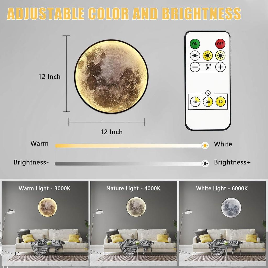 Dimmable Moon Wall Lamp, Rechargeable Battery Operated Wall Sconce Moon Lights with Remote, 3 Color Indoor Wall Mounted Lighting Ceiling Light for