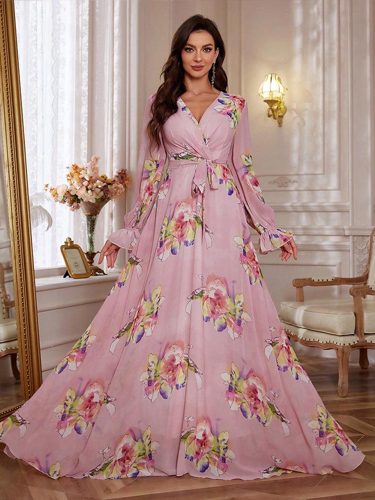 European Chiffon Print Slimming Lantern Sleeve Evening Dress