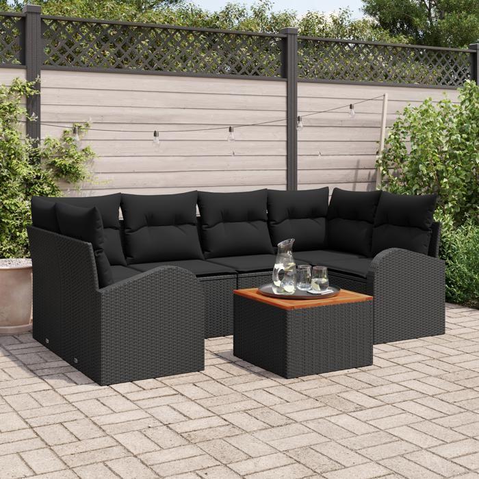 Ensemble de Canapés de Jardin 7 Pièces avec Coussins Noir Rattan Poly Acacia, Canapé de Jardin 2 Places avec Rangement &amp; 3356203
