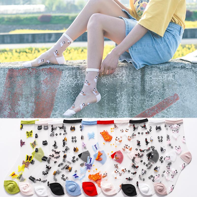 Cute Cartoon Animal Socks Women Summer Ultra-thin Transparent Crystal Silk Socks Casual Breathable Elastic Lace Socks