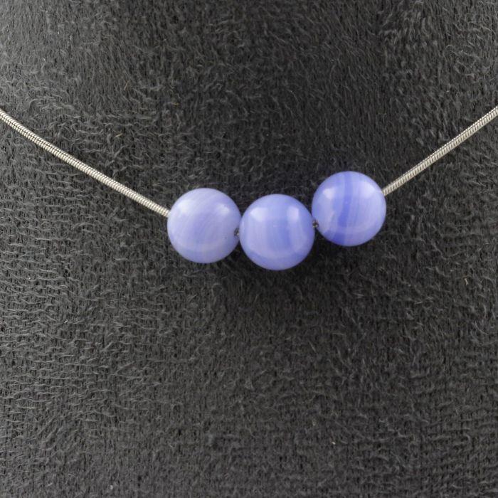 Stones and Minerals. Necklace 3 Beads Agate Crazy Lace Blue 8 Mm Stainless Steel Chain.