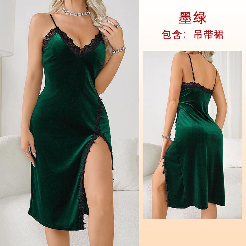 Sexy deep v pajamas women's long suspender nightgown velvet lace seduction backless
