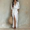 Women's Satin V-Neck Blouse and Side Split Skirt Set with Pocket for Casual Everyday Wear