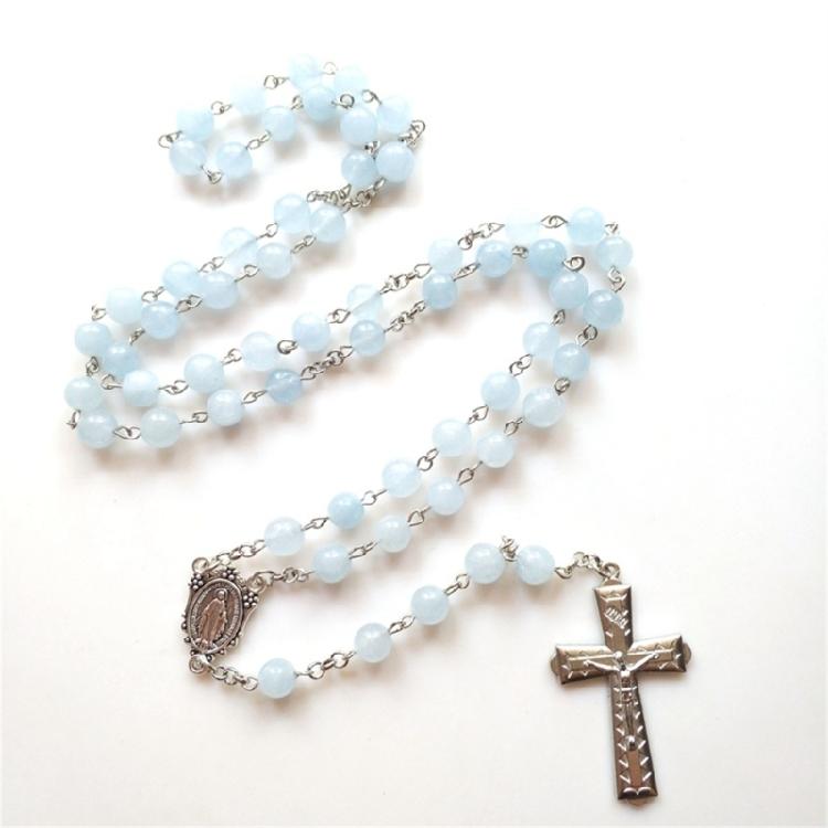 Meditation Gift Blue Jades Bead Cross Rosary Women Men Praying Supplies