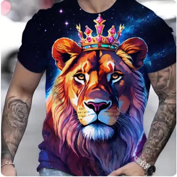 Summer Casual Men's Clothing Oversized Loose Lion Pattern Printed Short Sleeved Round Neck Fitness T-shirts