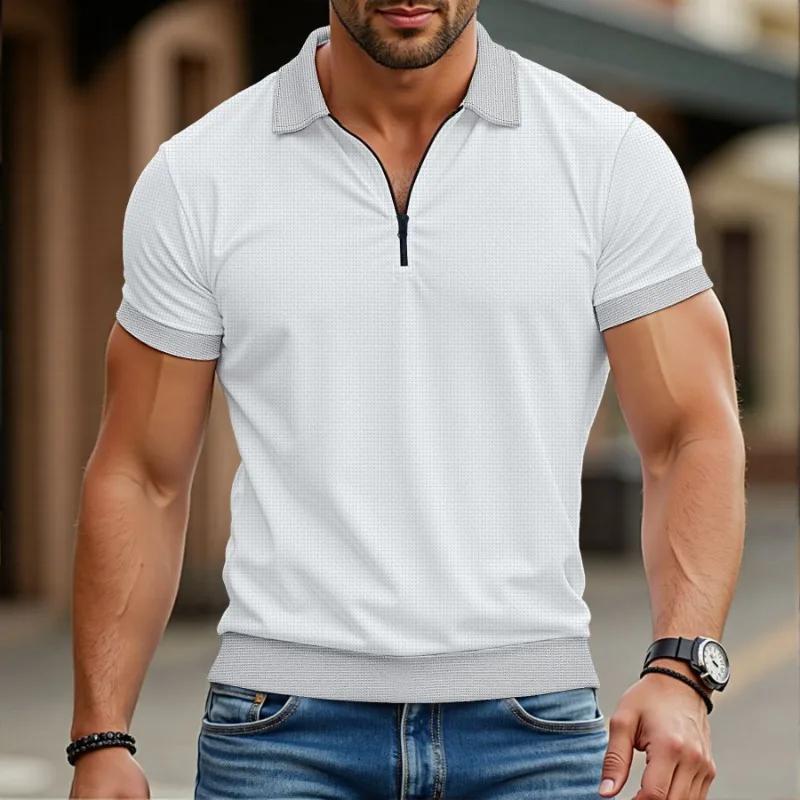 Summer Men's Casual Polo Shirt Half Zipper Patchwork Short Sleeve Polos Man Fashion Tees
